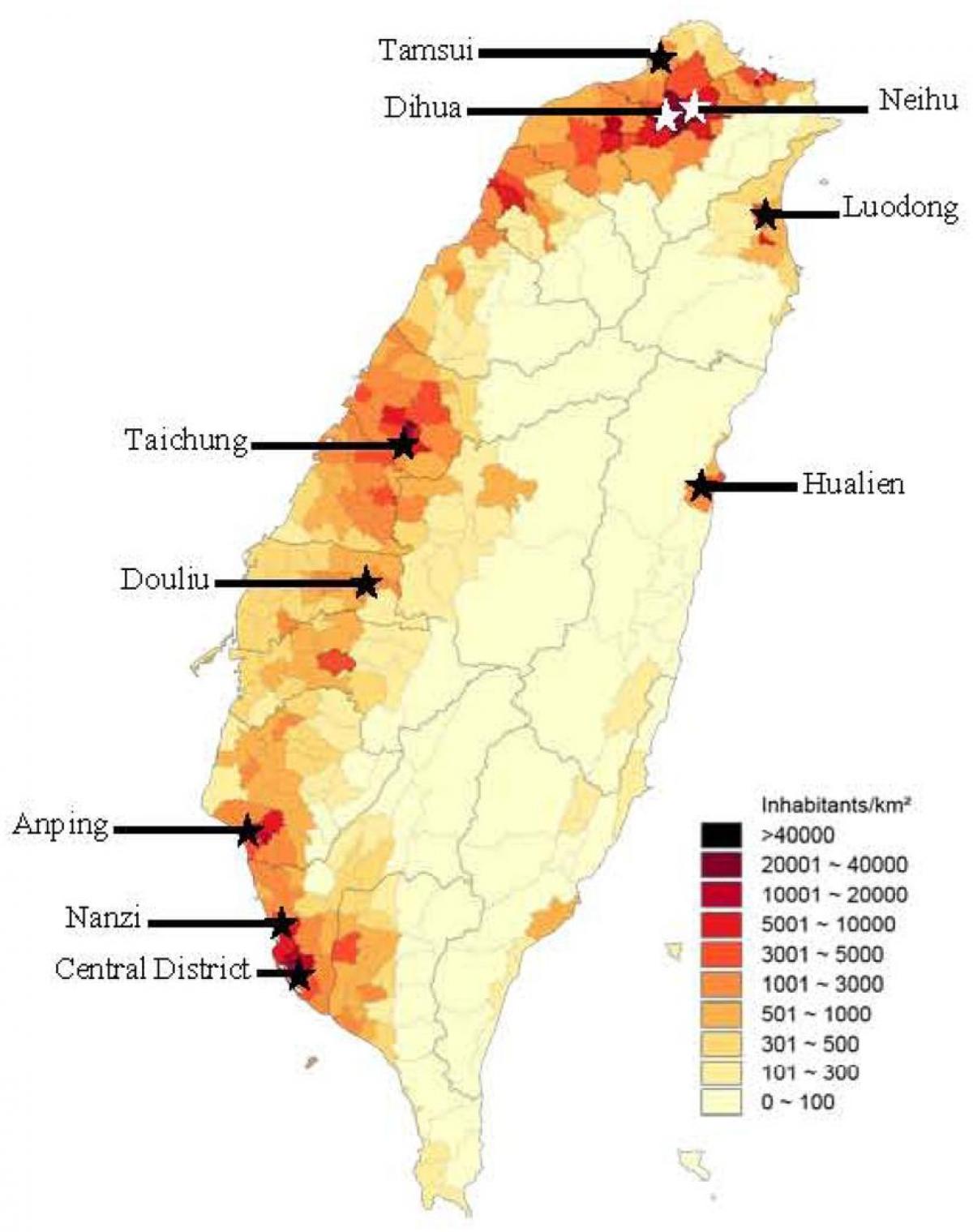 Taiwan bevolkingsdigtheid kaart